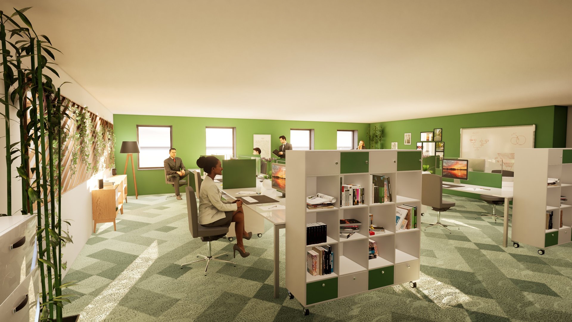Biophilic open-plan office with green accents