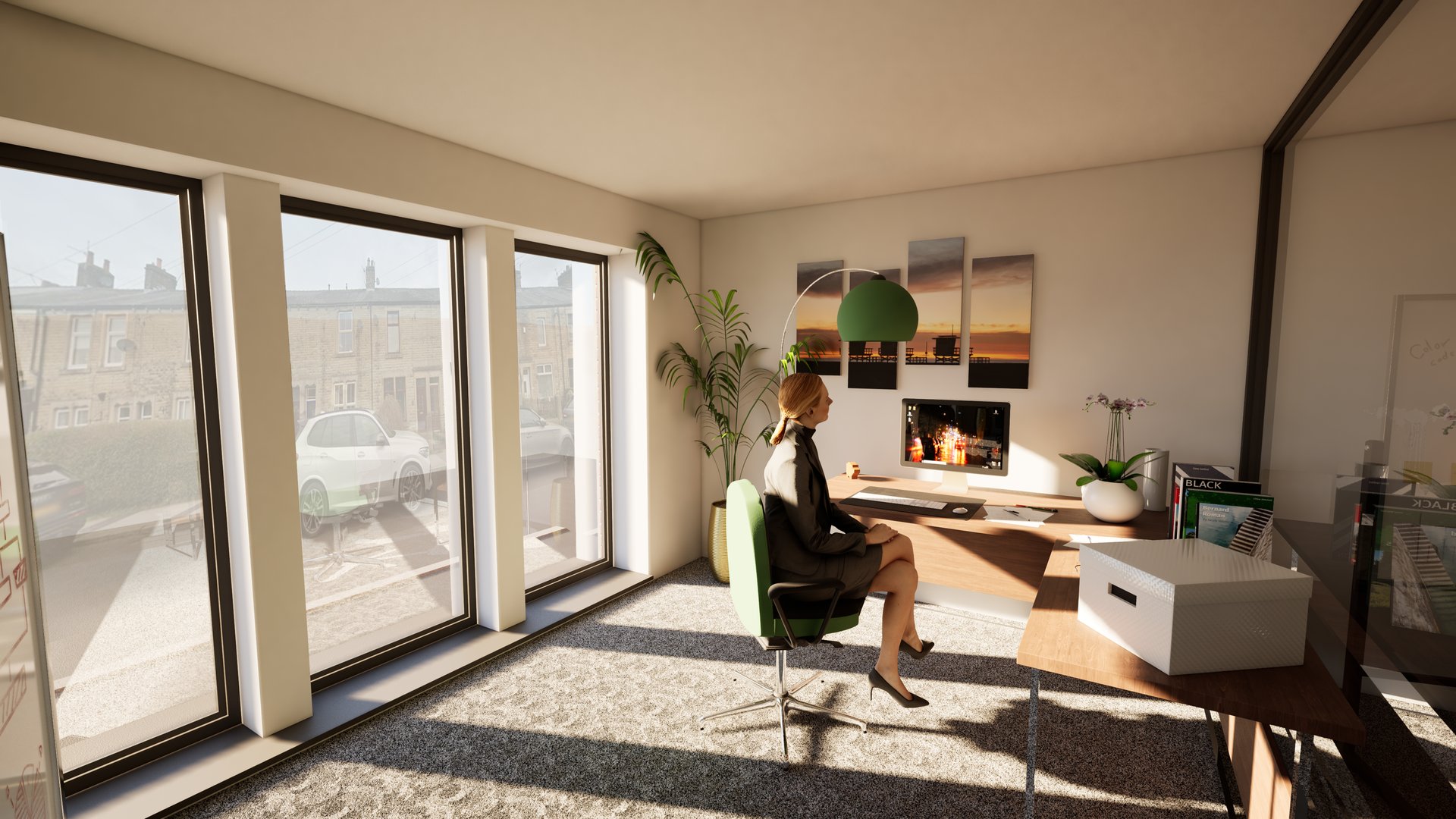 Private office with floor-to-ceiling windows overlooking the street