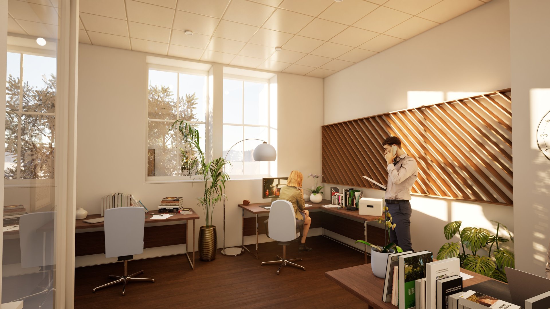 Private corner office with natural light and timber feature wall