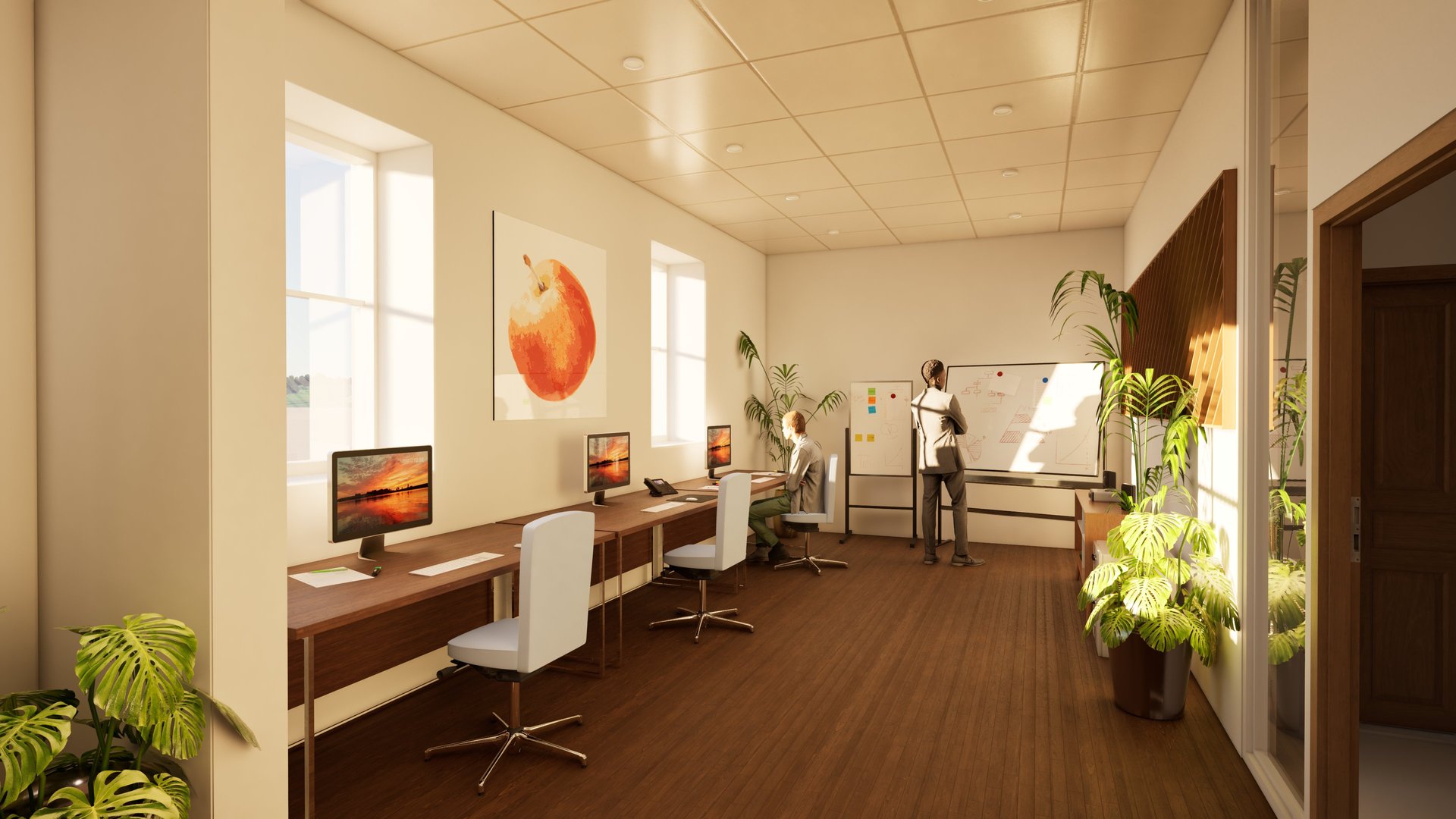 Collaborative office with shared desks and timber slatted wall