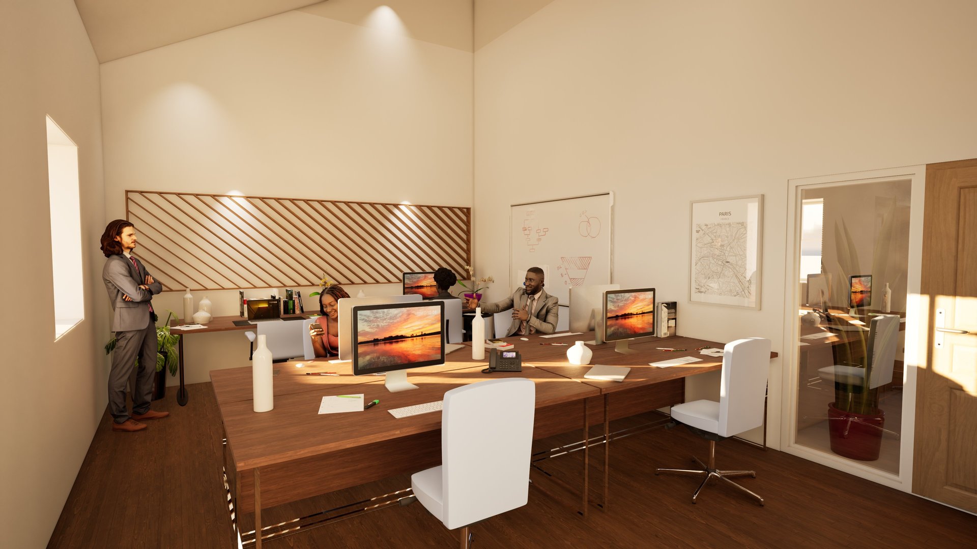 Open-plan office with biophilic planting and whiteboard