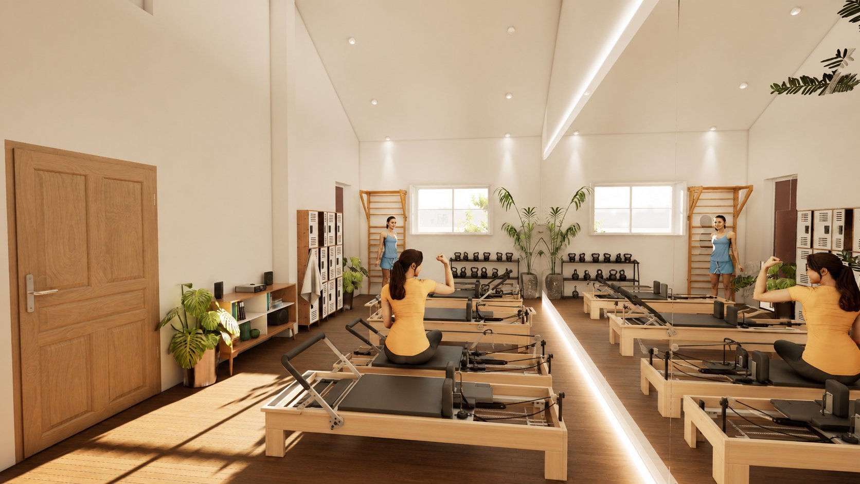 On-site Pilates studio with reformer beds and mirrored walls